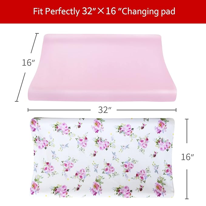 Changing Pad Cover for Girls 2 Pack, Lovely Print Soft Diaper Change Table Sheets, Fit 32"x16" Contoured Pad, Comfy Cozy 2-Pack Cradle Sheets,Floral