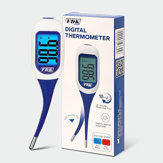 Large LCD Screen Digital Thermometer for Fever, 10 Seconds Fast & Accurate Readings, Large LCD Dual Color Backlight Flexible Tip Ideal for Adults Kids and Babies FSA