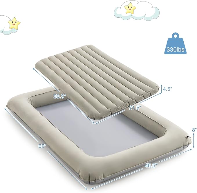 Costzon Toddler Travel Bed, Portable Toddler Bed with Detachable 2 Sided Air Mattress, Electric Pump, Storage Bag, Inflatable Blow Up Kids Bed, Perfect for Boys Girls Travel, Camping, Sleeping (Gray)
