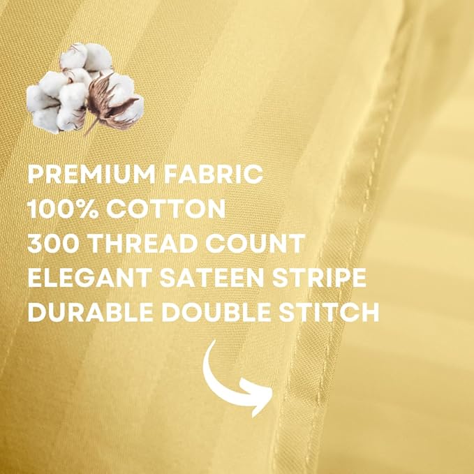 kinder Fluff Pre-Teen Pillows (2-Pack) 17x26in - Pillows for Kids Age 12+, 100% Cotton Sateen Stripes 300T, Down Alternative Fill, Machine Washable - Children & Travel Cushions - Yellow - XL