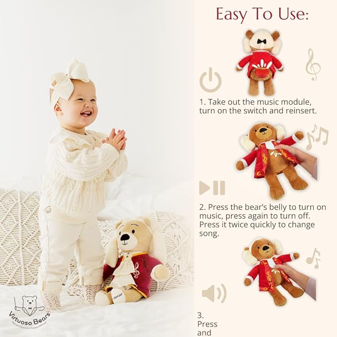 Vivaldi Virtuoso Bear – Dual-Mode Plush Toy with Music & Comfort Features, Plays 40 Mins of Classical Music & White Noise for Babies & Toddlers