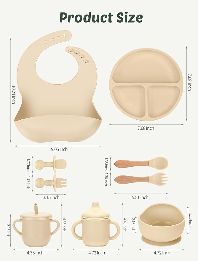JELLDJK Silicone Baby Feeding Set 9 Pcs, Spill-Proof Suction Plate, Bowl, Bib, Silicone spoon&forks, Wooden Spoons&forks, Training cup with straw and Sippy Cup, Baby Eating Utensils (Beige)