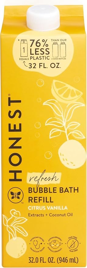 The Honest Company Foaming Bubble Bath Refill Carton, Gentle for Baby, Naturally Derived, Tear-Free, Hypoallergenic, Citrus Vanilla Refresh, 32 fl oz