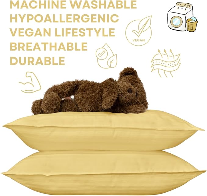 kinder Fluff Pre-Teen Pillows (2-Pack) 17x26in - Pillows for Kids Age 12+, 100% Cotton Sateen Stripes 300T, Down Alternative Fill, Machine Washable - Children & Travel Cushions - Yellow - XL