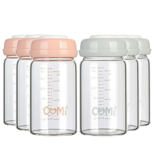 COMI Wide Neck Glass Breastmilk Collection n Storage Bottle, 4 Packs, 6oz with Screw Ring Sealing Disk; Re-markable Sealing Disc. BPA Free, Fits Breast Pumps & Nipples (3 Gray Lids + 3 Pink Lids)