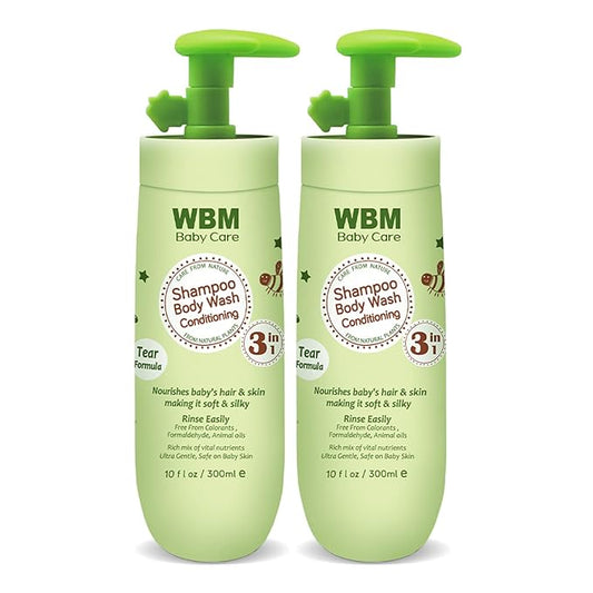 WBM Care 3-in-1 Baby Shampoo, Body Wash & Conditioner (10 oz, Pack of 2) offers a gentle, nourishing formula for baby’s hair and skin, Tear-free and hypoallergenic