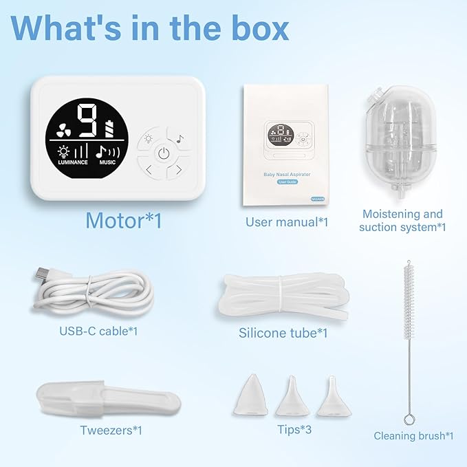 Nasal Aspirator for Baby, Nose Sucker with 9 Suction Levels, Electric Snot Sucker, 3 Levels Night Light & Nursery Rhyme Soothing Function, Food-Grade Silicone Tips