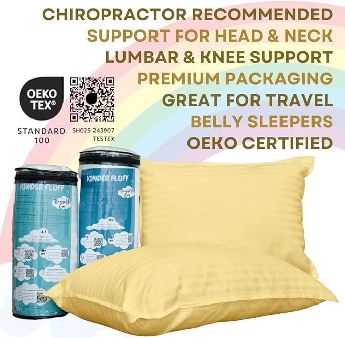 kinder Fluff Pre-Teen Pillows (2-Pack) 17x26in - Pillows for Kids Age 12+, 100% Cotton Sateen Stripes 300T, Down Alternative Fill, Machine Washable - Children & Travel Cushions - Yellow - XL