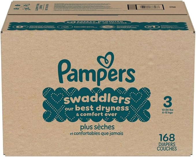 Pampers Swaddlers Diapers, Size 3 (13-26 lbs), 168 Count, Absorbent, Keeps Baby Dry and Comfortable, Skin Safe Disposable Baby Diaper (Packaging May Vary)
