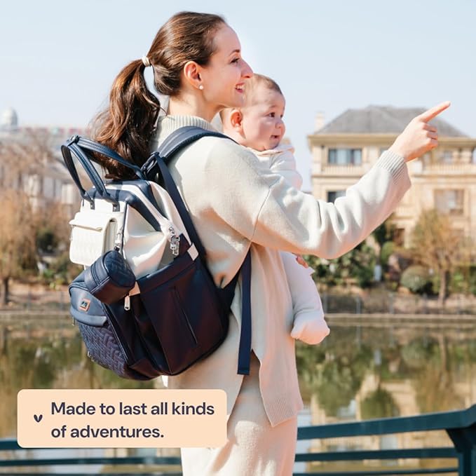 BabbleRoo Leather Diaper Bag Backpack, Multifunction Large Bags with Changing Pad & Stroller Straps Pacifier Case, Unisex Stylish Travel Back Pack Nappy for Moms Dads (Blueberry Cream)