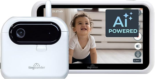 Tiny Traveler Ai Smart Wireless Baby Car Monitor with Power Bank - AI-Powered Safety Alerts: Cry/Laugh/Stand Detection, Virtual Fence, Long Range 1000ft Night Vision Lullabies Night Light - White