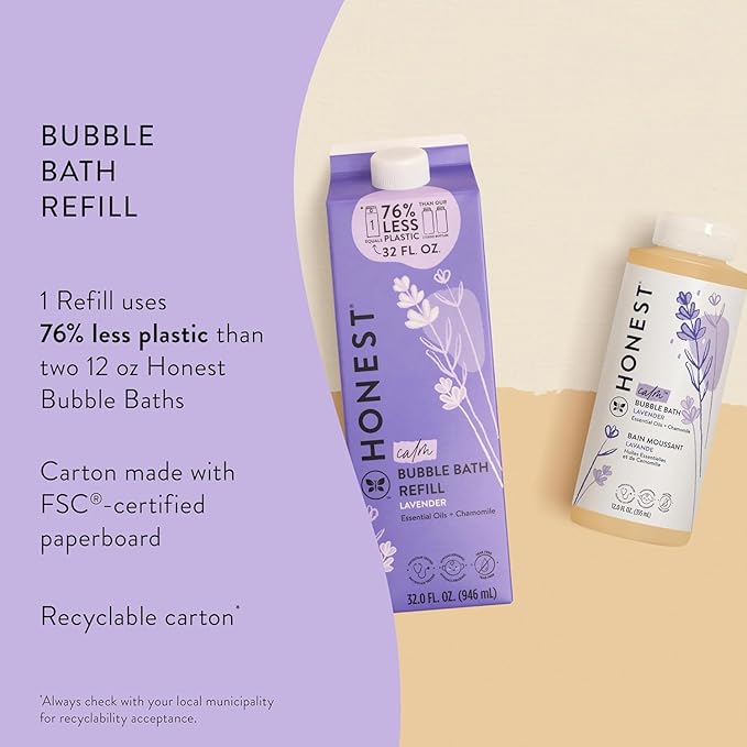 The Honest Company Foaming Bubble Bath Refill Carton, Gentle for Baby, Naturally Derived, Tear-Free, Hypoallergenic, Lavender Calm, 32 fl oz