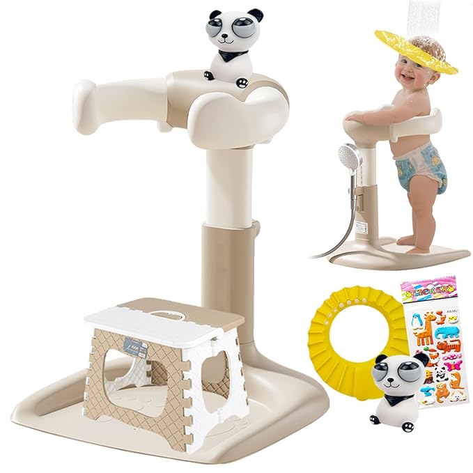 Baby Shower Stand with Support, 2-in-1 Sitting & Standing Baby Bath Stand with Anti-Slip Base, 10 Levels Adjustable Height and Armrest with Seat for Toddlers, Ideal Gift for Infants 6-36 Months