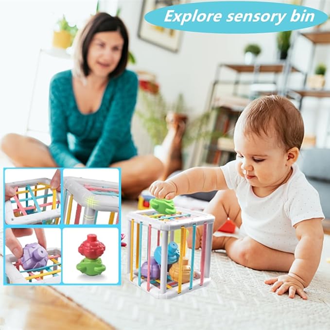 Baby Toys 6-12 Months, Montessori Toys for Toddlers 1-3 Year Old, Busy Cube Teether Infants Bath 6 in 1 Stacking Blocks Rings, Suction Cup Spinner, Shape Bin Sensory (0035)