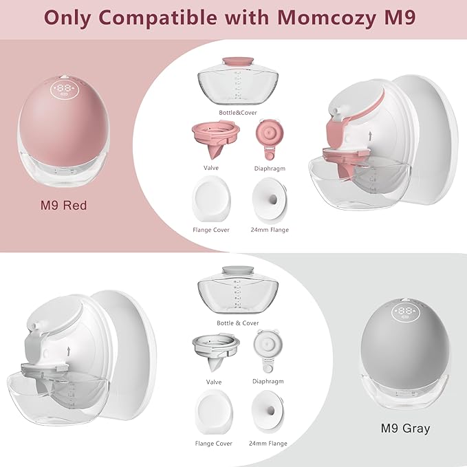 1 Pack M9 Full Set Breast Replacement Part for Momcozy Upgraded Mobile Flow | Upgraded M9, Including 24mm Flange, Red Valve, Red Diaphragm, Storage Bottle with Red Lip, Not Original Parts