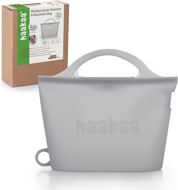 Haakaa On-The-Go Silicone Microwave Steam Sterilizer Bags for Travel, 40oz/1250ml Reusable Silicone Steaming Bags for Baby Bottles, Breast Pump, Accessories, Pacifiers, Teethers,Grey/1PC