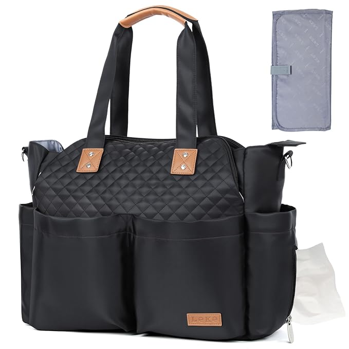 Lekebaby Diaper Bag Tote - 17 Pockets Large Travel Diaper Waterproof Tote with Portable Changing Pad, Mom Crossbody Hospital Bag for Labor Delivery, Baby Essentials for Newborn Gifts, Black