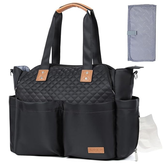 Lekebaby Diaper Bag Tote - 17 Pockets Large Travel Diaper Waterproof Tote with Portable Changing Pad, Mom Crossbody Hospital Bag for Labor Delivery, Baby Essentials for Newborn Gifts, Black