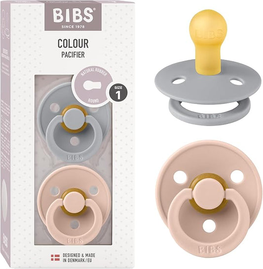 Bibs Pacifiers Color Collection, Set of 2 BPA-Free Latex Pacifiers Made in Europe, Round Nipple Baby Pacifier.