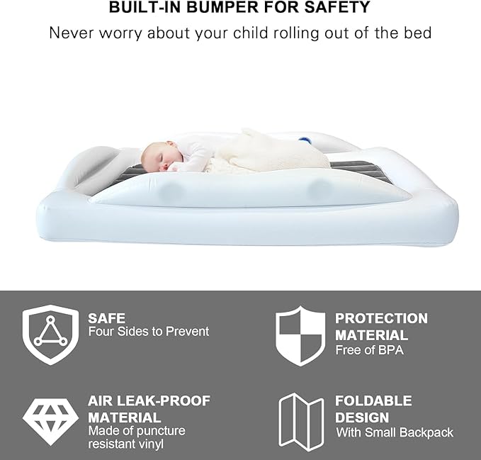 Inflatable Toddler Travel Bed - 61 Inches With Pillow Portable Toddler Bed for Travel with Safety Sides - Cozy Kids Air Mattress Set with Built-in Electric Pump & Carry Case- Easy to Inflate - Grey