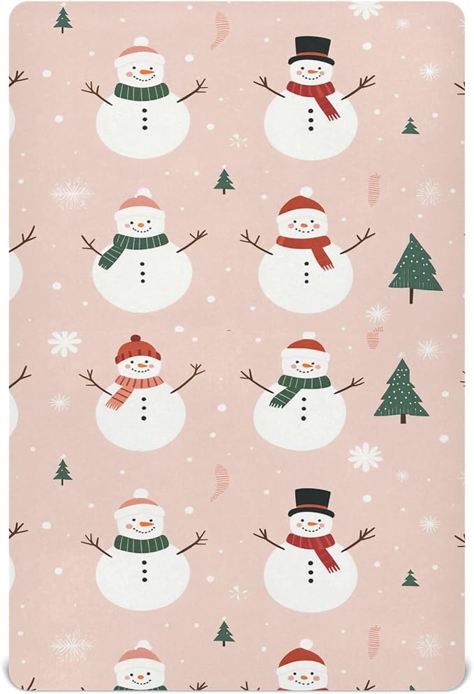 Pfrewn Christmas Crib Sheets for Boys Girls Cute Snowmen Pink Christmas Trees Fitted Crib Sheet for Mini Crib Mattress Stretch Soft Winter Pattern Toddler Baby Playard Sheet,39x27IN