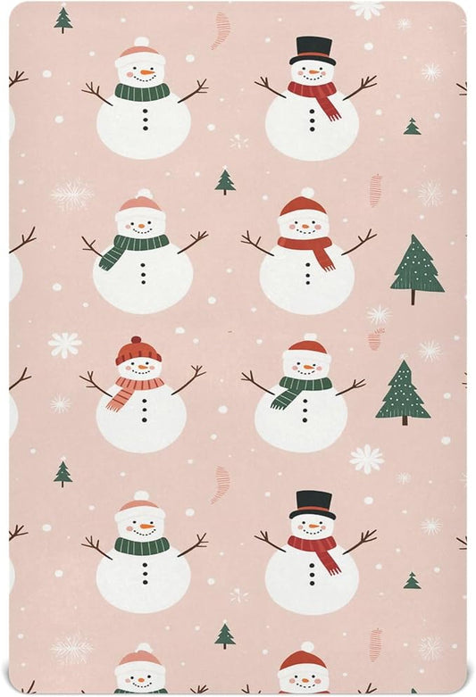 Pfrewn Christmas Crib Sheets for Boys Girls Cute Snowmen Pink Christmas Trees Fitted Crib Sheet for Mini Crib Mattress Stretch Soft Winter Pattern Toddler Baby Playard Sheet,39x27IN