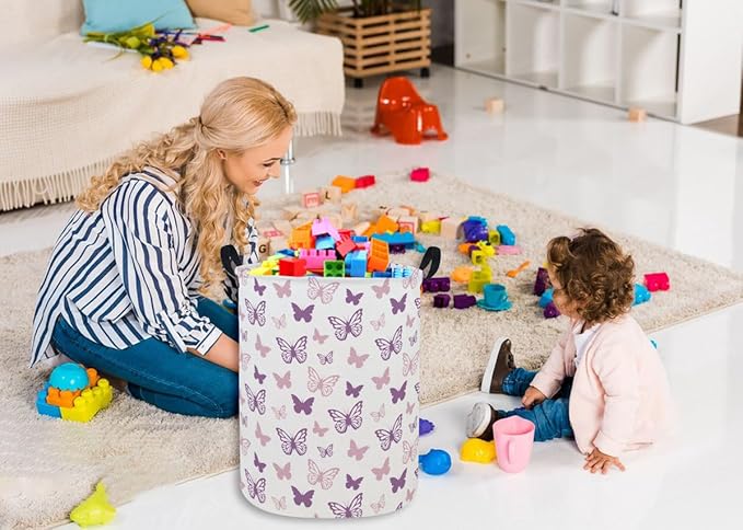 ESSME Butterfly Laundry Basket,Kids Hamper Collapsible Canvas Waterproof Storage Bin for Girls, Nursery Hamper,Gift Baskets,toy bins(Purple Butterfly)