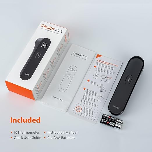 iHealth No-Touch Digital Forehead Thermometer for Adults, Babies, Kids, 3 Ultra-Sensitive Sensors, Quiet Vibration Feedback, Large LED Digits, Easy to Use for Home, PT3 Black