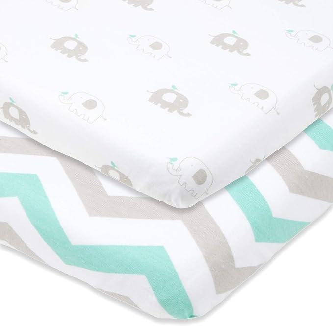 Joey + Joan Pack and Play Sheets Fitted – Compatible with 4moms Breeze Plus Playard & Breeze Go Playard – Fits Up to 30 x 43 Inch Mattress Without Bunching – Grey, Green