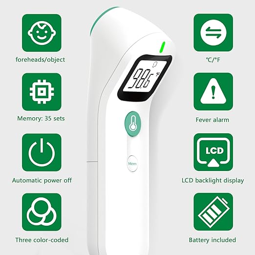 No Touch Forehead Digital Thermometer for Adults, Kids with Fever Alarm, 1s Instant Reading Large LCD Display, Multi-Mode Object Temperature (Batteries Included)