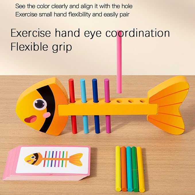Montessori Fine Motor Skills Toys for Toddlers, Wooden Fishbone Color Matching & Sorting Toy with 20 Task Cards, Learning Educational Gifts for 3 4 5 6 Year Olds, Baby Sensory Training Toys