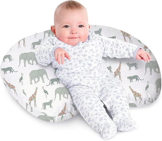 Little Grape Land Nursing Pillow, Soft 100% Cotton Breastfeeding Pillow with Breathable Muslin Removable Cover, Breast Feeding Pillows for Babies 0-12 Months with Protective Zipper, Safari
