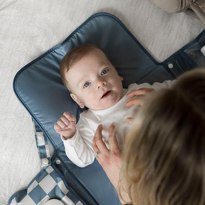 Tiny Twinkle Portable Diaper Changing Pad | Waterproof, Wipeable & Compact Baby Changing Pad for Travel | Smart Wipes Pocket & Organized Storage| Newborn Shower Gift (Blue Checkers)