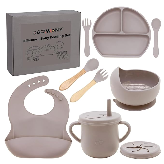 Dormlony 100% Silicone Baby Feeding Set, BPA Free, 9 Pcs: Suction Bowl, Divided Plate, Toddler Self Feeding Dish Set with Spoons, Forks, Sippy Cup, Bib, Beige