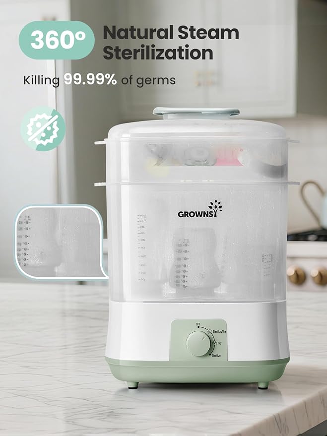 Grownsy Adjustable 4 in 1 Large Bottle Sterilizer and Dryer, 8 Bottles Capacity,Electric Steam Baby Bottle Sterilizer, Sanitizer for Baby Bottles & Pacifiers, Breast Pump Parts Green