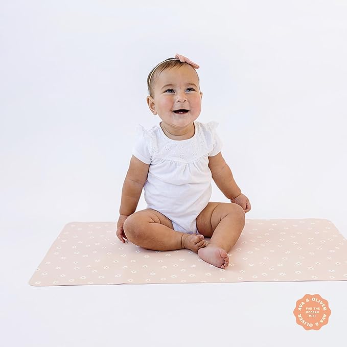 Ava + Oliver Vegan Leather Baby Changing Mat (16 X 30 in) - Multipurpose Wipeable and Portable Diaper Changing Pad - Foldable for Travel (Pink Daisies)