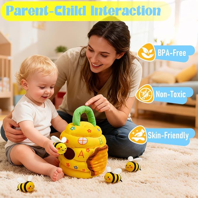 Baby Toys 6-12 Months, Beehive Montessori Toys for 1 Year Old with 5 Sensory Bees Stuffed Animals, Crinkle, Rattles, Squeaker, Jingle Bells, Mirror, Infant Toy Birthday Christmas Gift