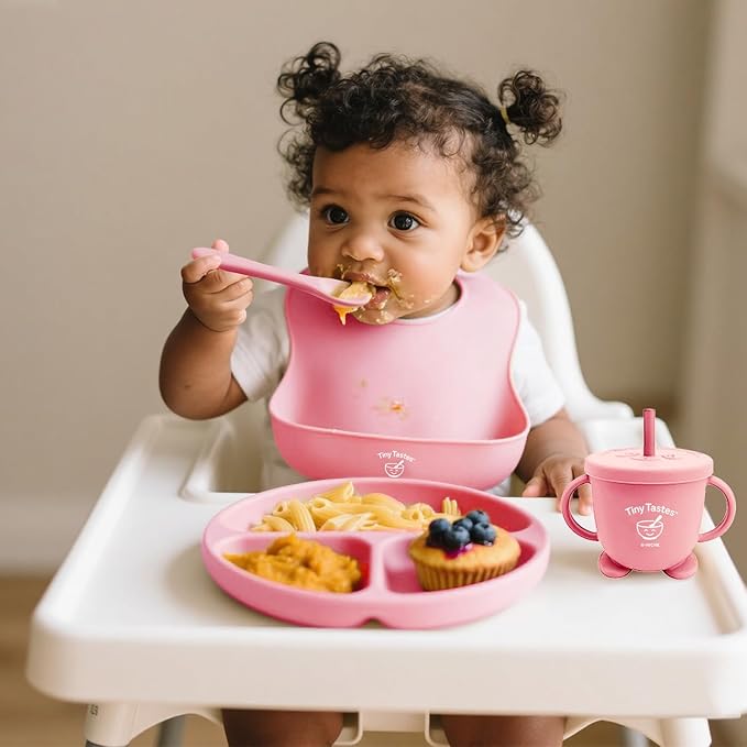 Tiny Tastes 10-Piece Silicone Baby Feeding Set – BPA-Free, Spill-Proof Suction Plate, Bowl, Bib, Snack Cup & Utensils | Dishwasher Safe, Baby Gift Ready (Light Pink)