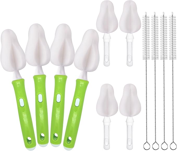 INVODA 12 Piece Sponge Nipple Bottle Brushes, Baby Bottle Brush with 4 Nipple Cleaner, 4 Replacement Heads and 4 Straw Brushes (White)