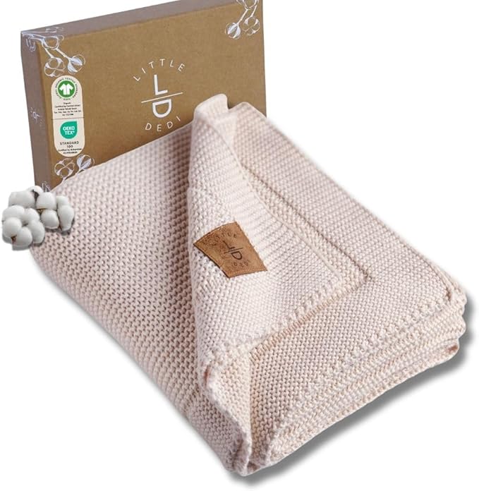 Little Dedi 100% Organic Cotton Baby Knitted Blanket with Gift Box - Soft Toddler, Crib, Stroller Blanket - Neutral Swaddle and Receiving Blanket for Newborns, 30"x40", Stone