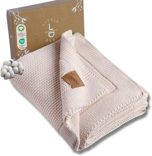 Little Dedi 100% Organic Cotton Baby Knitted Blanket with Gift Box - Soft Toddler, Crib, Stroller Blanket - Neutral Swaddle and Receiving Blanket for Newborns, 30"x40", Stone