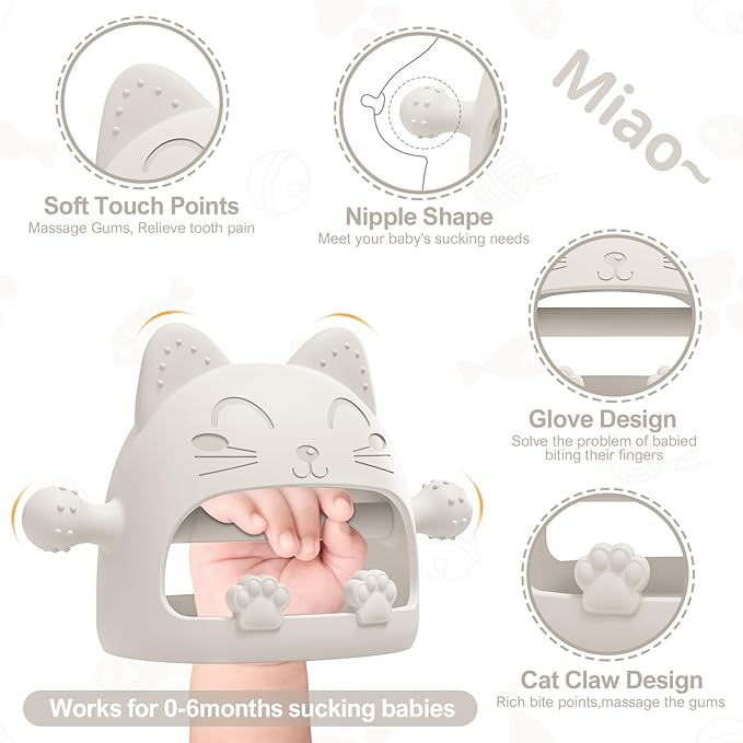 Baby Teether-Teething Toys for Babies 0-6 Months-Silicone Teething Mitt with Cute Cat Shape Baby Toys 6 to 12 Months,Newborn Essentials Must Haves for Teething Relief,Ideal Baby Shower Gifts for Moms