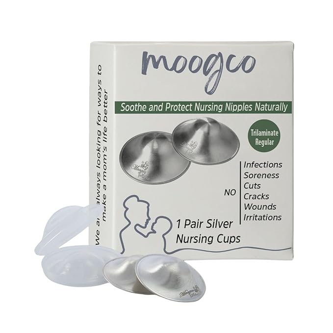 MOOGCO The Original Silver Nursing Cups - 999k Silver Nipple Cups - Nipple Shields for Breastfeeding Newborn – Protective Silver Nipple Covers for Nursing Moms (TriLaminate Regular)