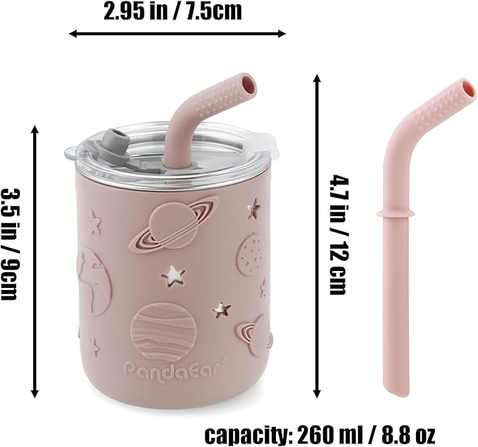 PandaEar 6-in-1 Stainless Steel Baby Feeding Set | Divided Suction Plate, Bowl, Sippy Cup with Straw, Bib, Spoon & Fork | BPA-Free Toddler Feeding Essentials for Self-Feeding (Pink)