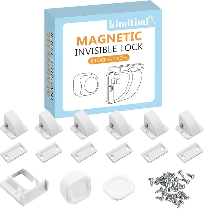 6 Pack Magnetic Cabinet Locks Baby Proofing - Child Safety Cabinet Latch Locks with Adhesive, No Drill or Tools Installation, for Cabinets Drawers Doors
