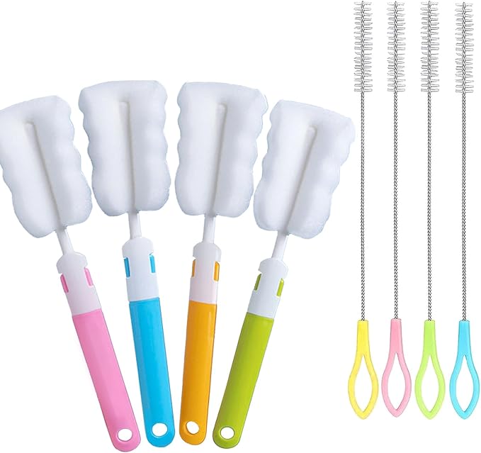 INVODA 4PCS Sponge Cup Brush with 4PCS Straw Brushes Portable Long Handle Water Bottle Cleaner Brush for Baby Bottles Vacuum Flasks Mugs Glasswares