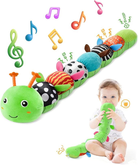 AWOTOY Baby Toys 6-12 Months Music Caterpillar,Stuffed Animals Infant Toys 0-3-6 Months,Baby Sensory Toys Tummy Time with Crinkle Rattle Teething Toys for Newborn Boys Girls Gifts Birthday|Grass Green