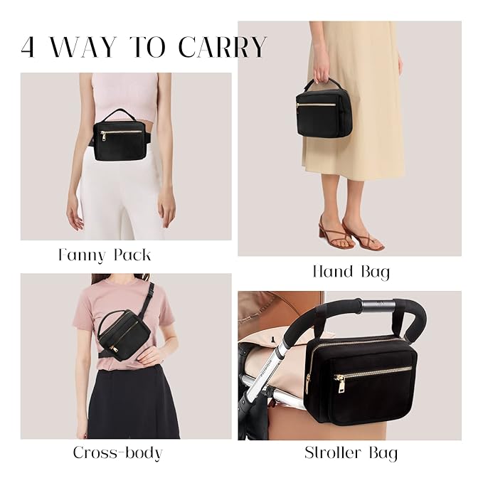 printe Small Diaper Bag with Portable Changing Pad, Crossbody Women Waist Bag with Wipes Pocket for Travel, Stroller Fanny Pack, Black