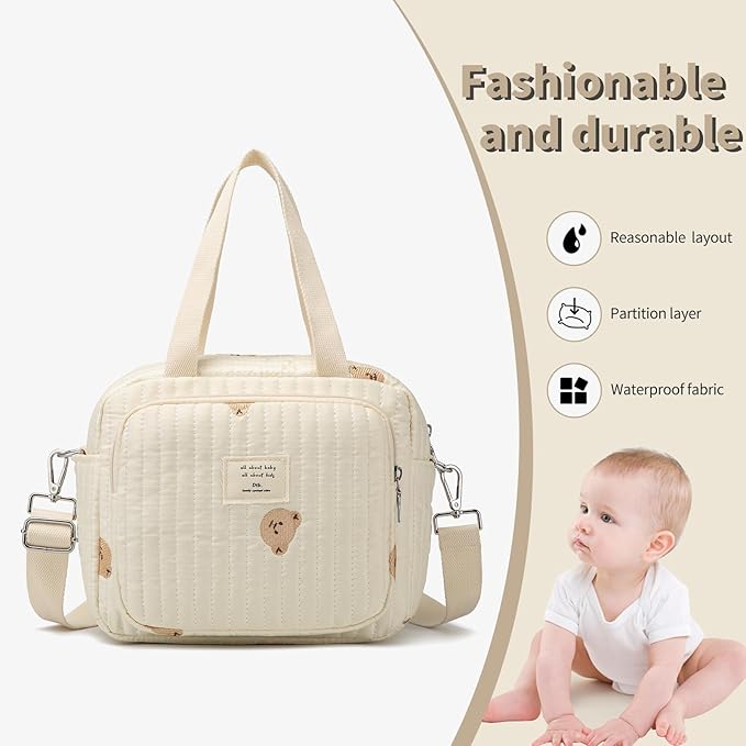 Small Diaper Bag Tote, Crossbody Diaper Bag Mini Purse with 7 Pockets, Travel Baby Bag for Boys & Girls, 2 Bottle Pocket, Off White