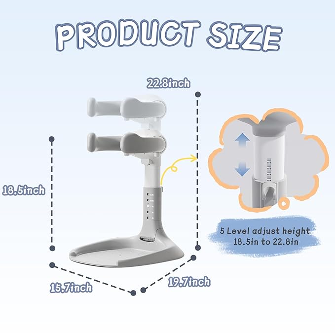 Foldable Baby Shower Stand, Toddler Bath Standing Support with Anti-Slip Base and Shower Holder, Adjustable 5 Levels Height, Ideal Gift for Infants 6-36 Months-Grey